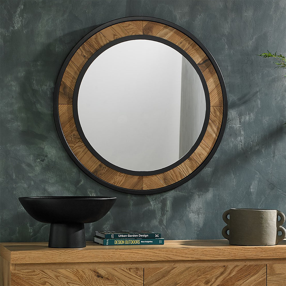 Solid oak wall mirror with black metal rim