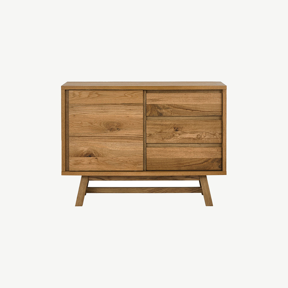 Rustic oak narrow sideboard with laminated oak top and solid ash legs all in natural finish