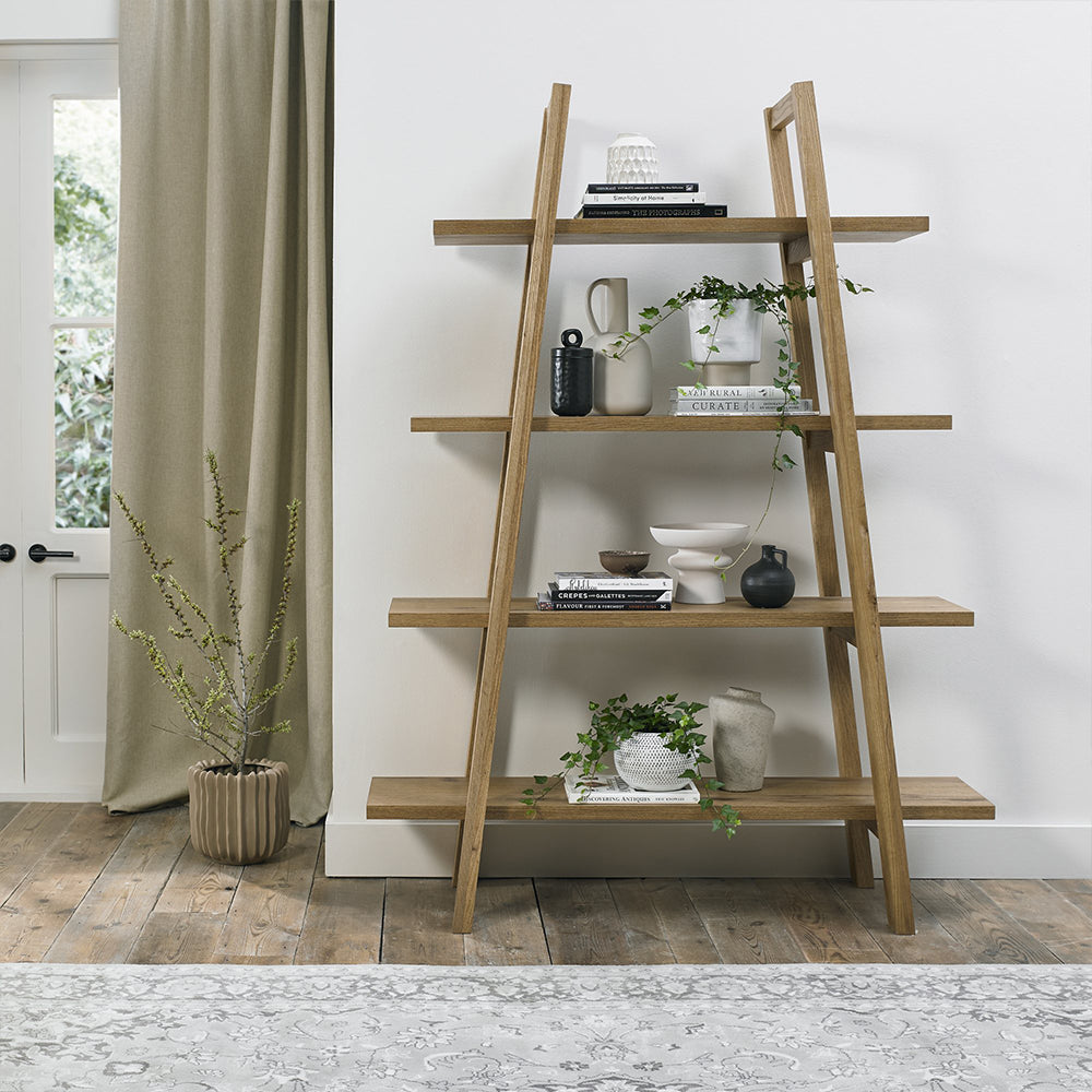 Rustic oak open display unit with laminated oak top and solid ash legs all in natural finish