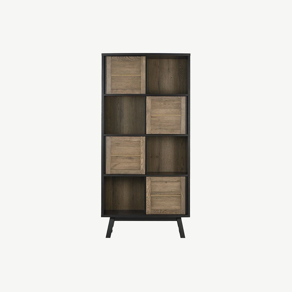 Oak veneer display cabinet with alternating panels and black peppercorn solid ash legs
