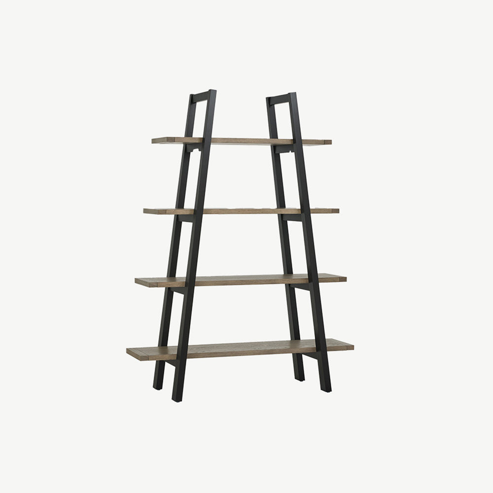 Oak veneer open display unit with oak panels and black peppercorn base