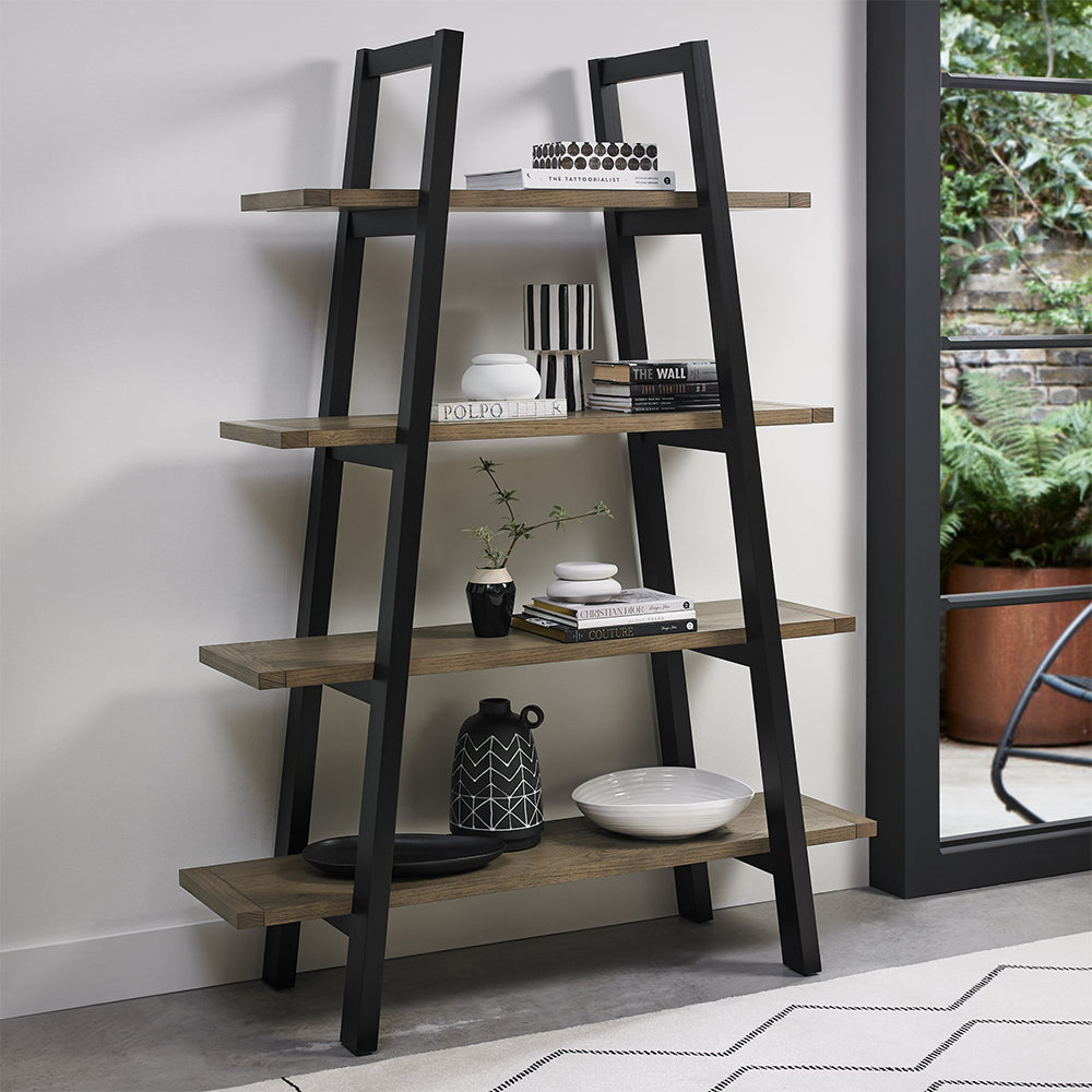 Oak veneer open display unit with oak panels and black peppercorn base