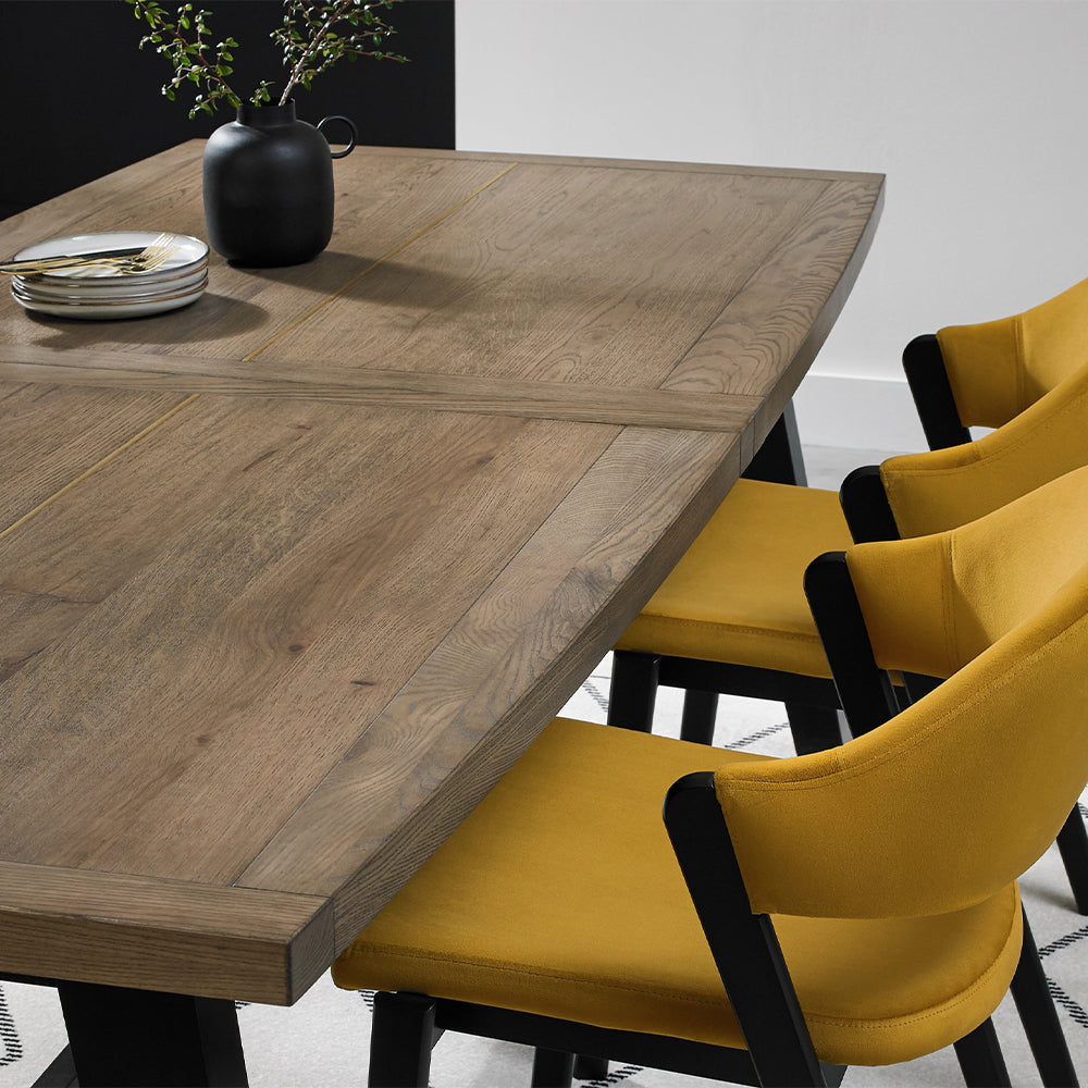 Oak veneer extending dining table with black peppercorn solid ash legs