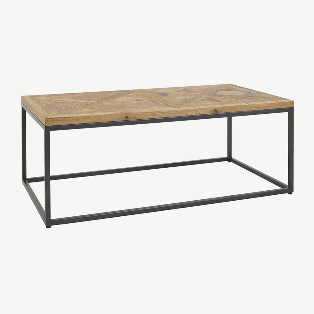 Oak veneer coffee table with black powder coated metal base