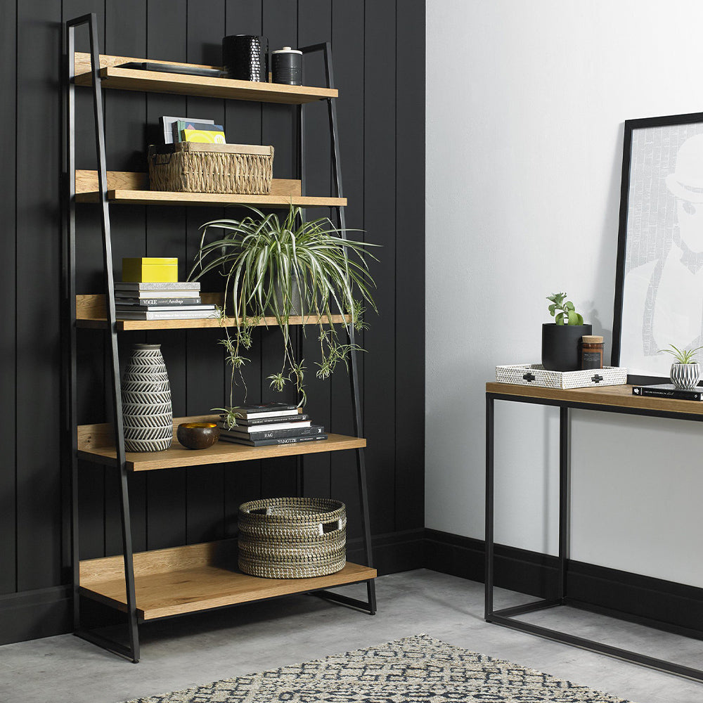 Oak veneer display unit with black powder coated metal base