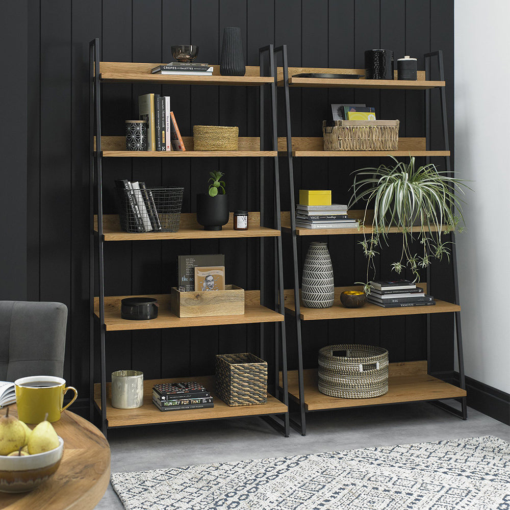 Oak veneer display unit with black powder coated metal base
