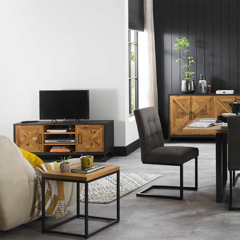 Oak veneer lamp table with black powder coated metal base