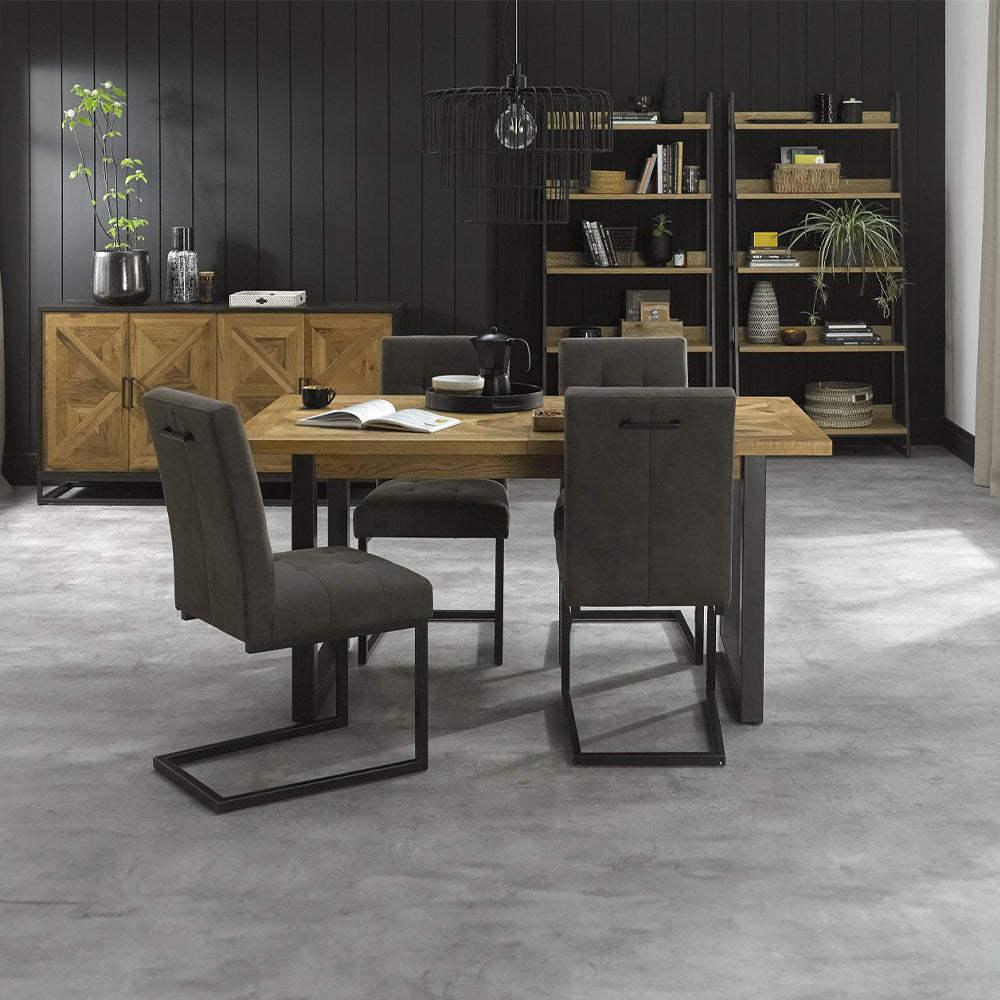Oak veneer extending dining table with black powder coated metal base