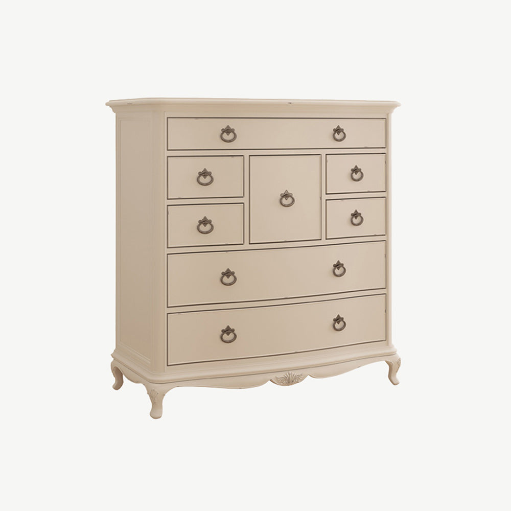 French inspired wooden 8 drawer chest in cream finish with eleven antique bronze handles