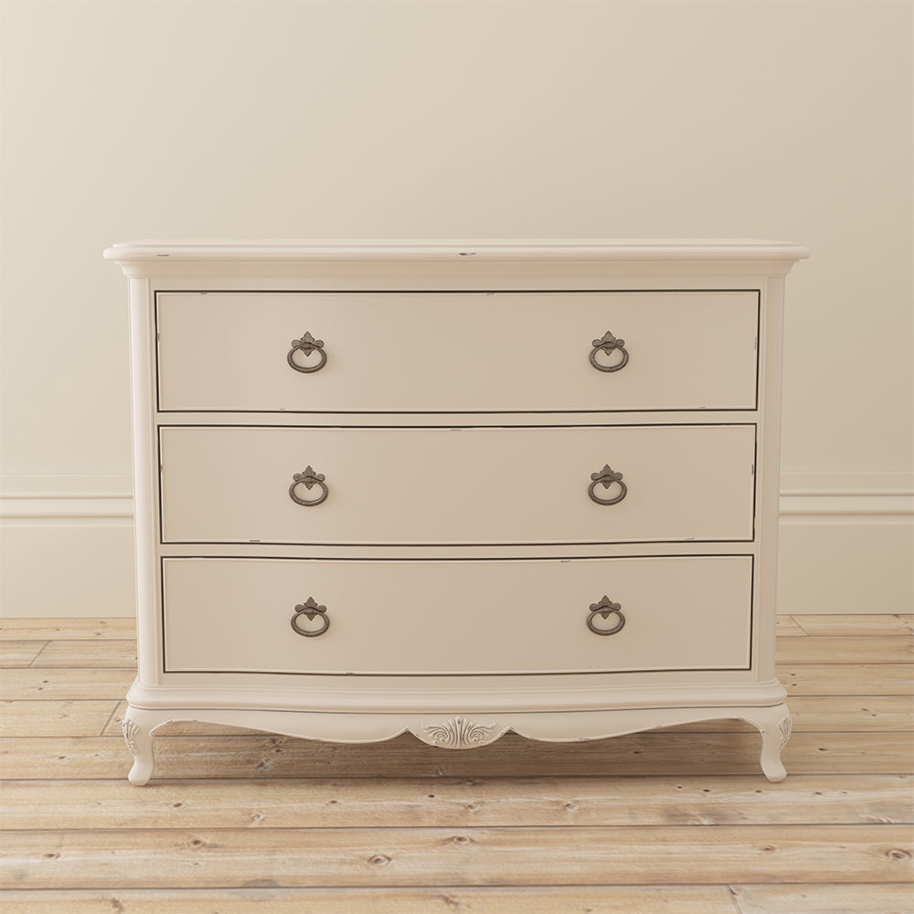 French inspired wooden 3 drawer chest in cream finish with six antique bronze handles