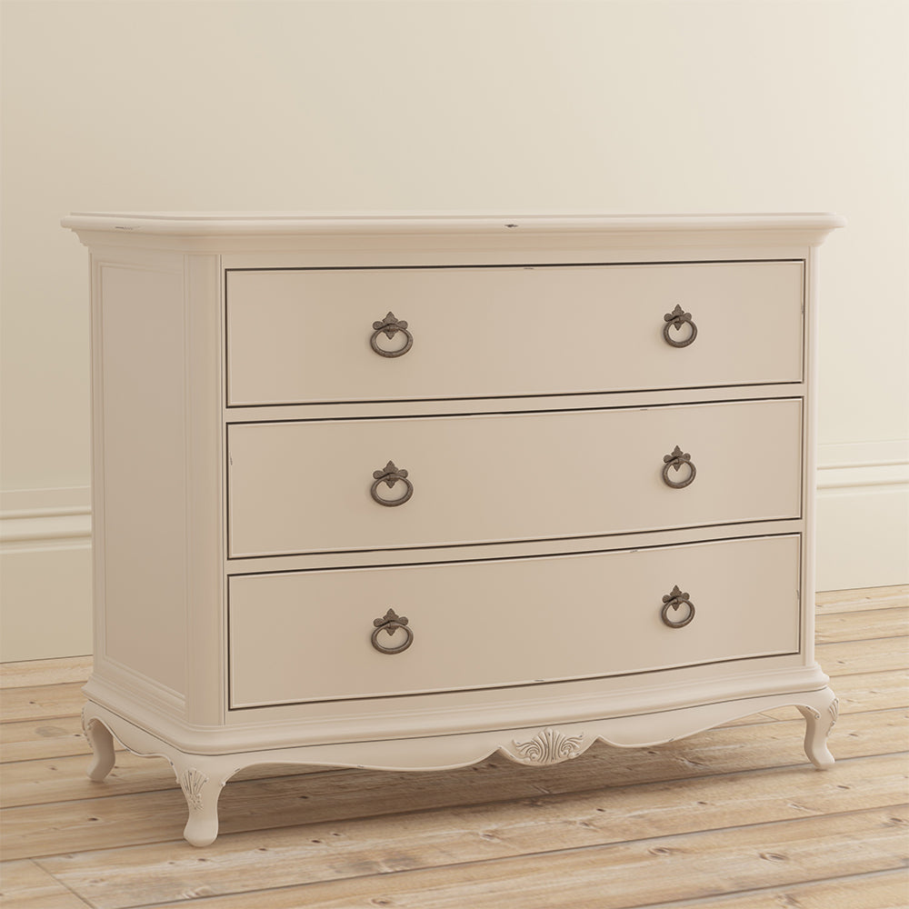 French inspired wooden 3 drawer chest in cream finish with six antique bronze handles