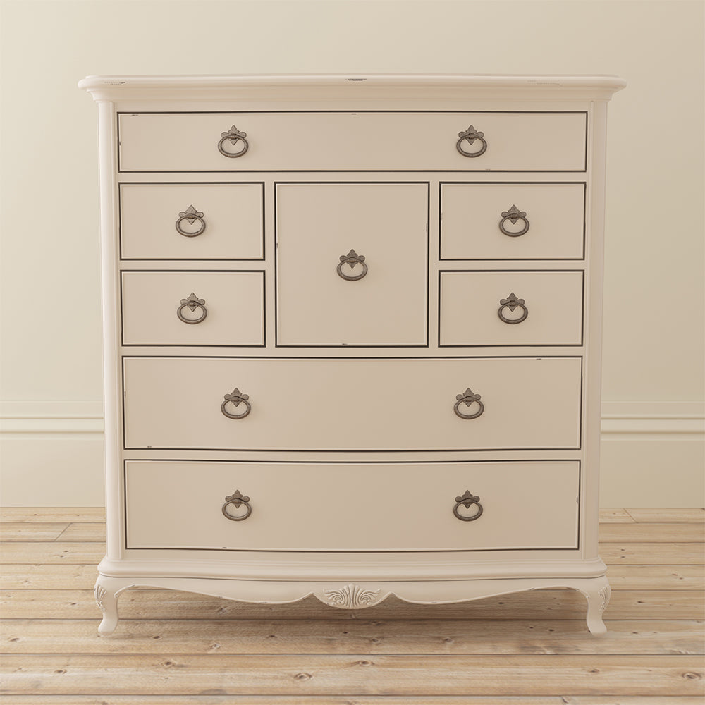 French inspired wooden 8 drawer chest in cream finish with eleven antique bronze handles