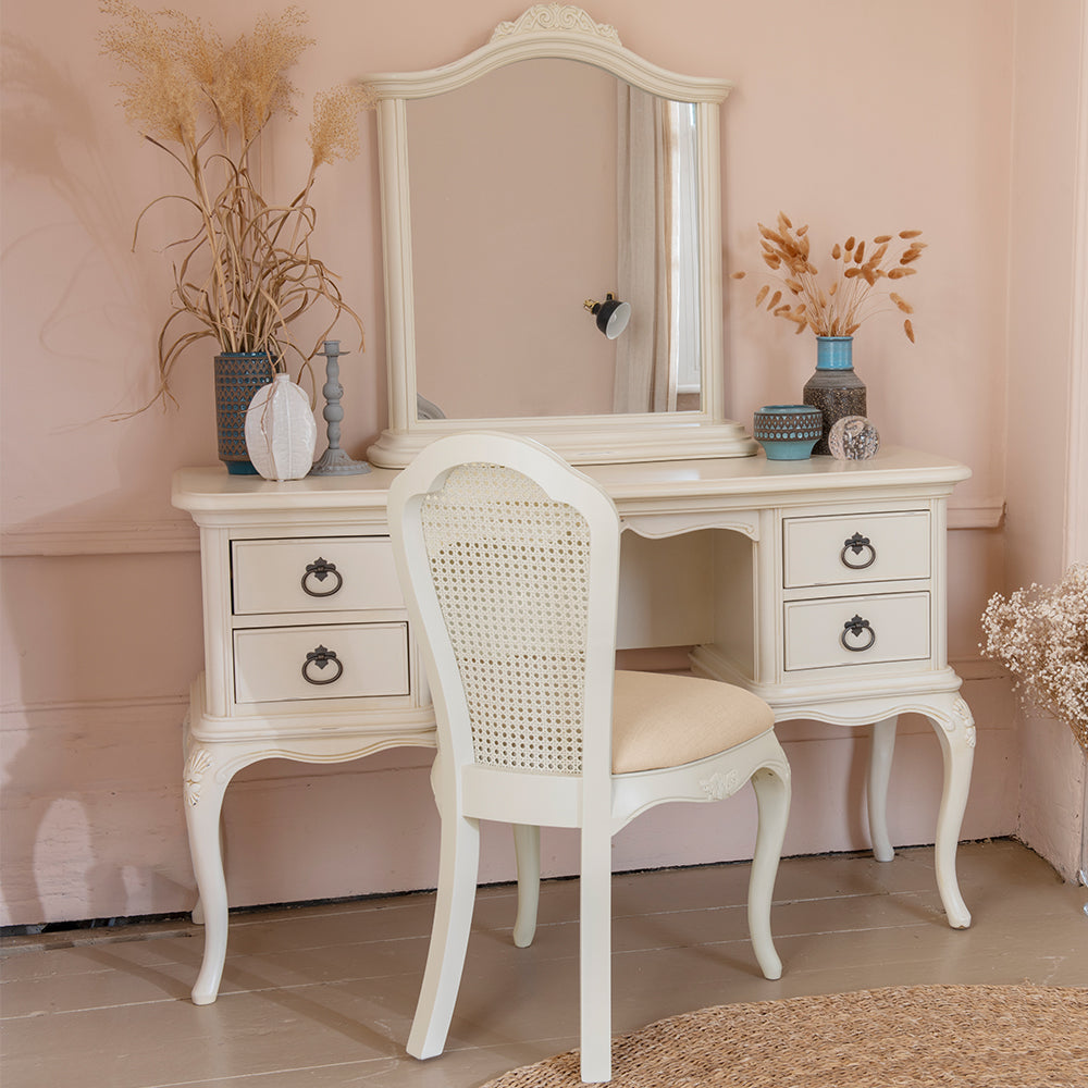 French inspired wooden mirror with intricate carved detailing in cream finish