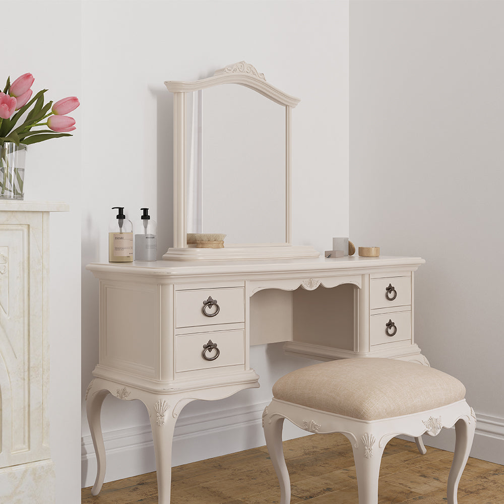 French inspired wooden mirror with intricate carved detailing in cream finish