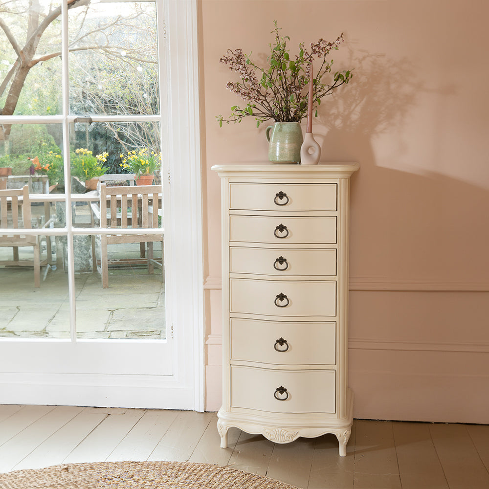 French inspired wooden six drawer chest in cream finish