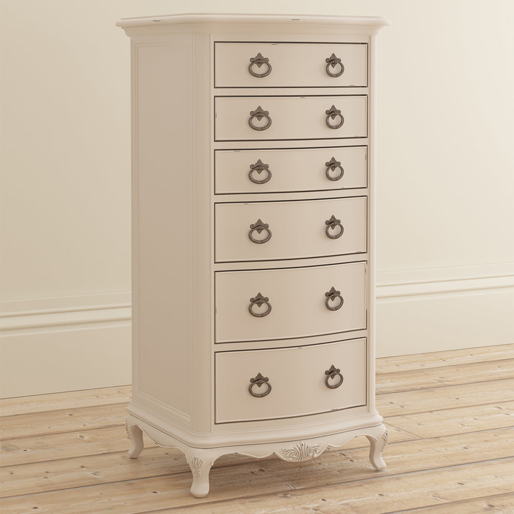 French inspired wooden six drawer chest in cream finish