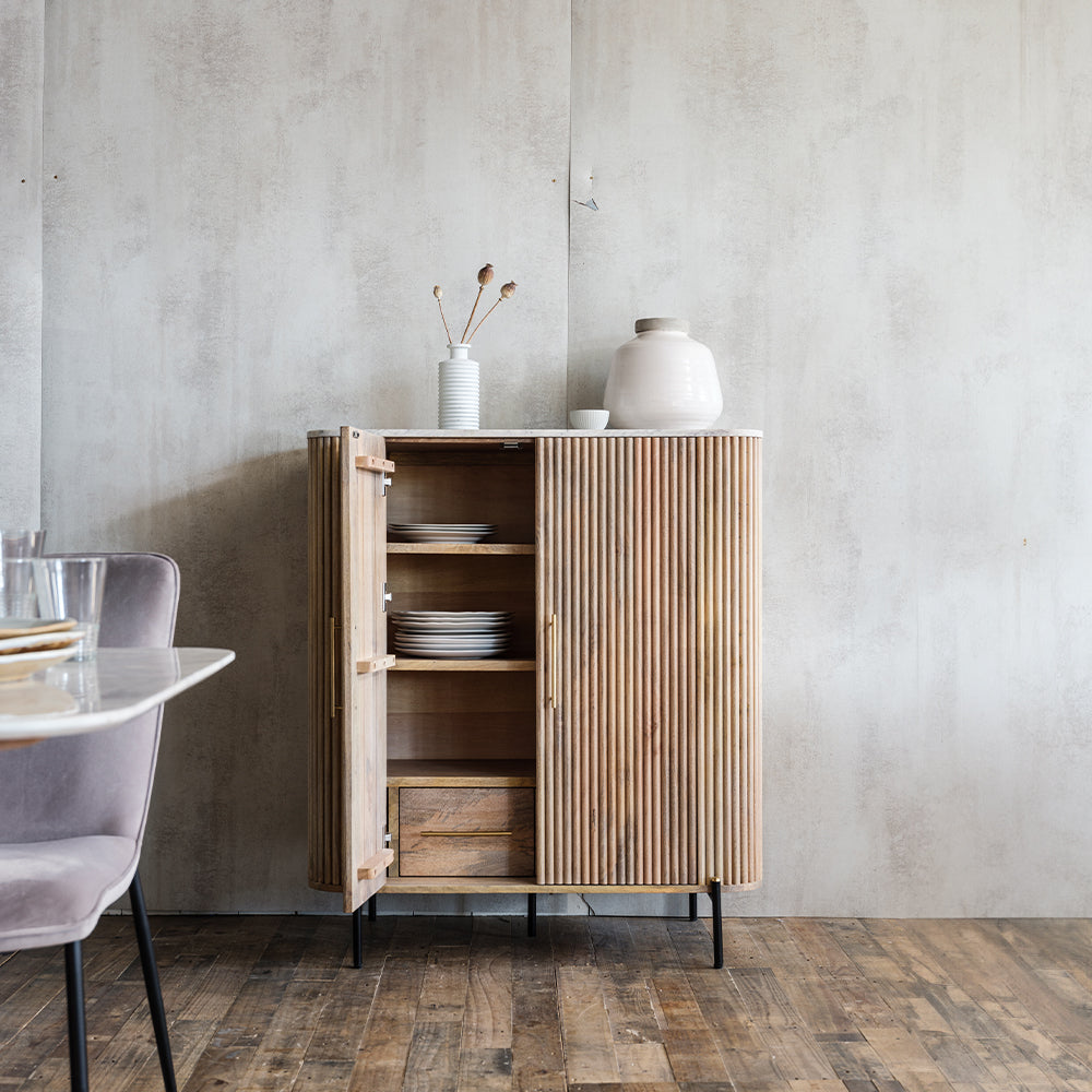 Fluted mango wood two drawer highboard with solid white marble top