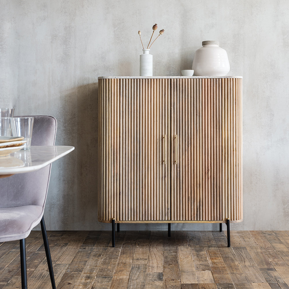 Fluted mango wood two drawer highboard with solid white marble top