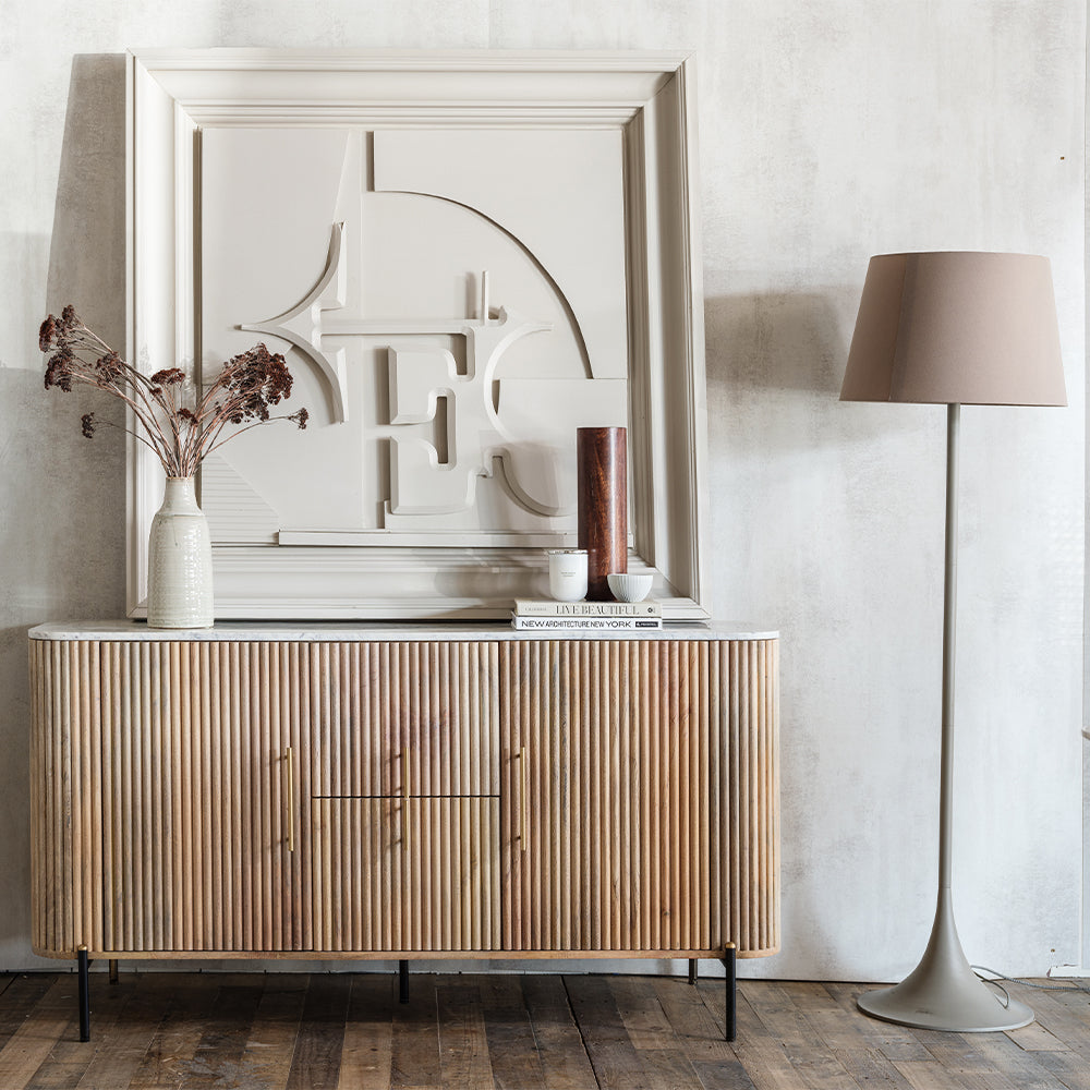Fluted mango wood wide sideboard with solid white marble top