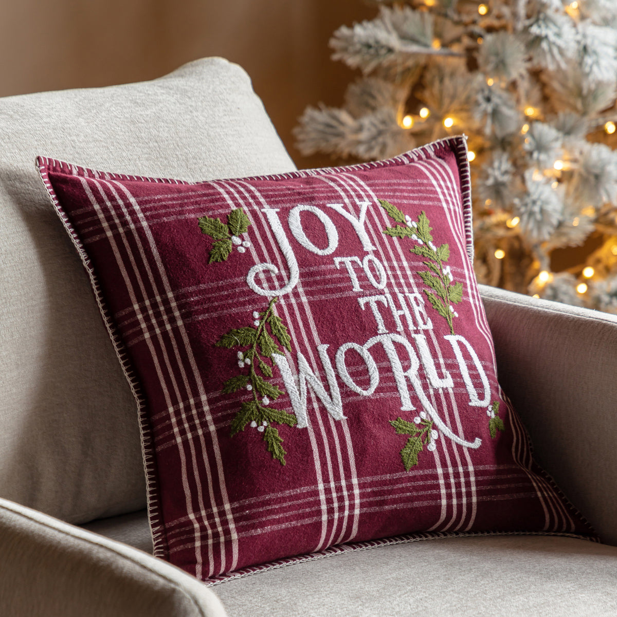 'Joy To The World' Embroidered Cotton Cushion