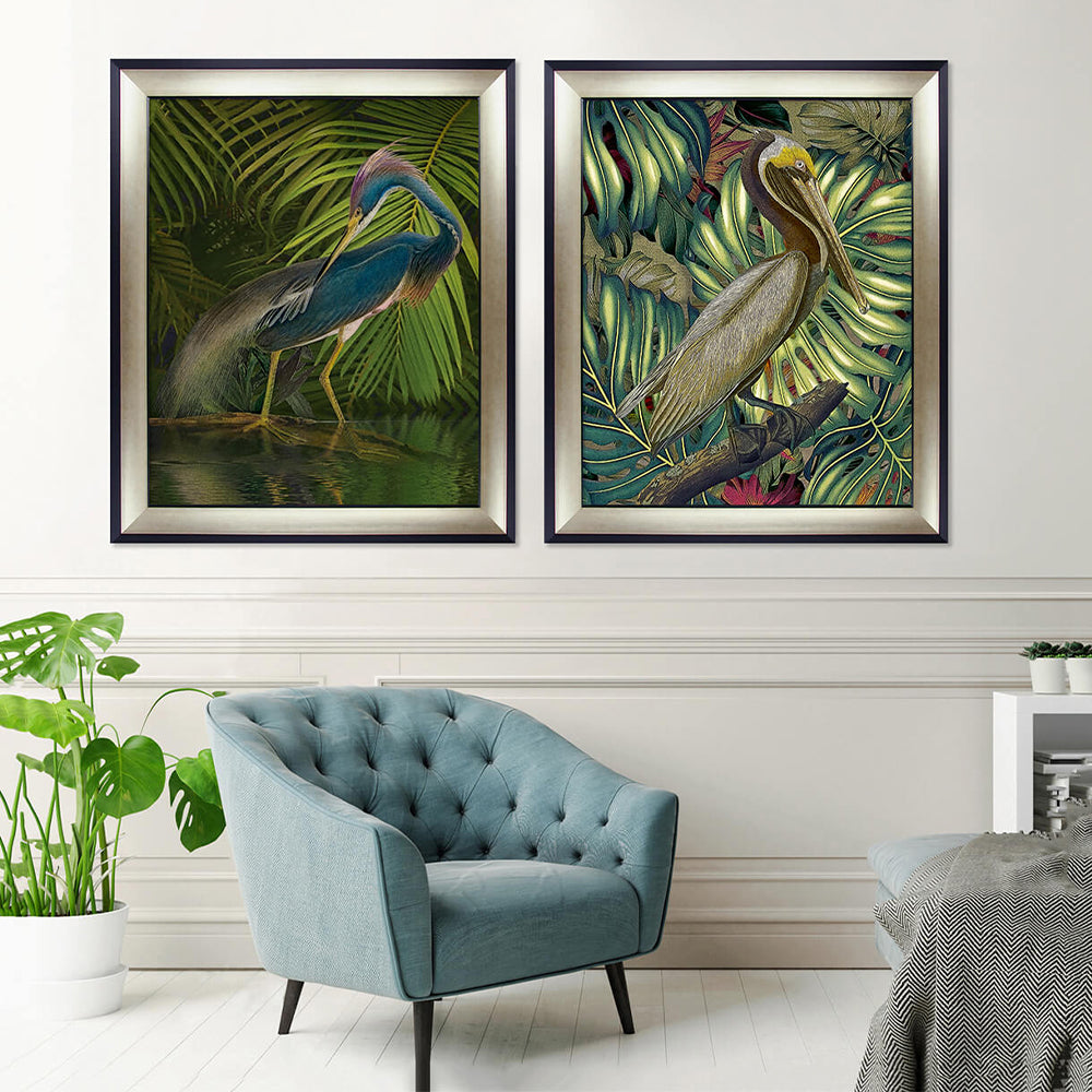 Graceful bird artwork in rich brown tones, set on green and red jungle scene in champagne frame with black egde
