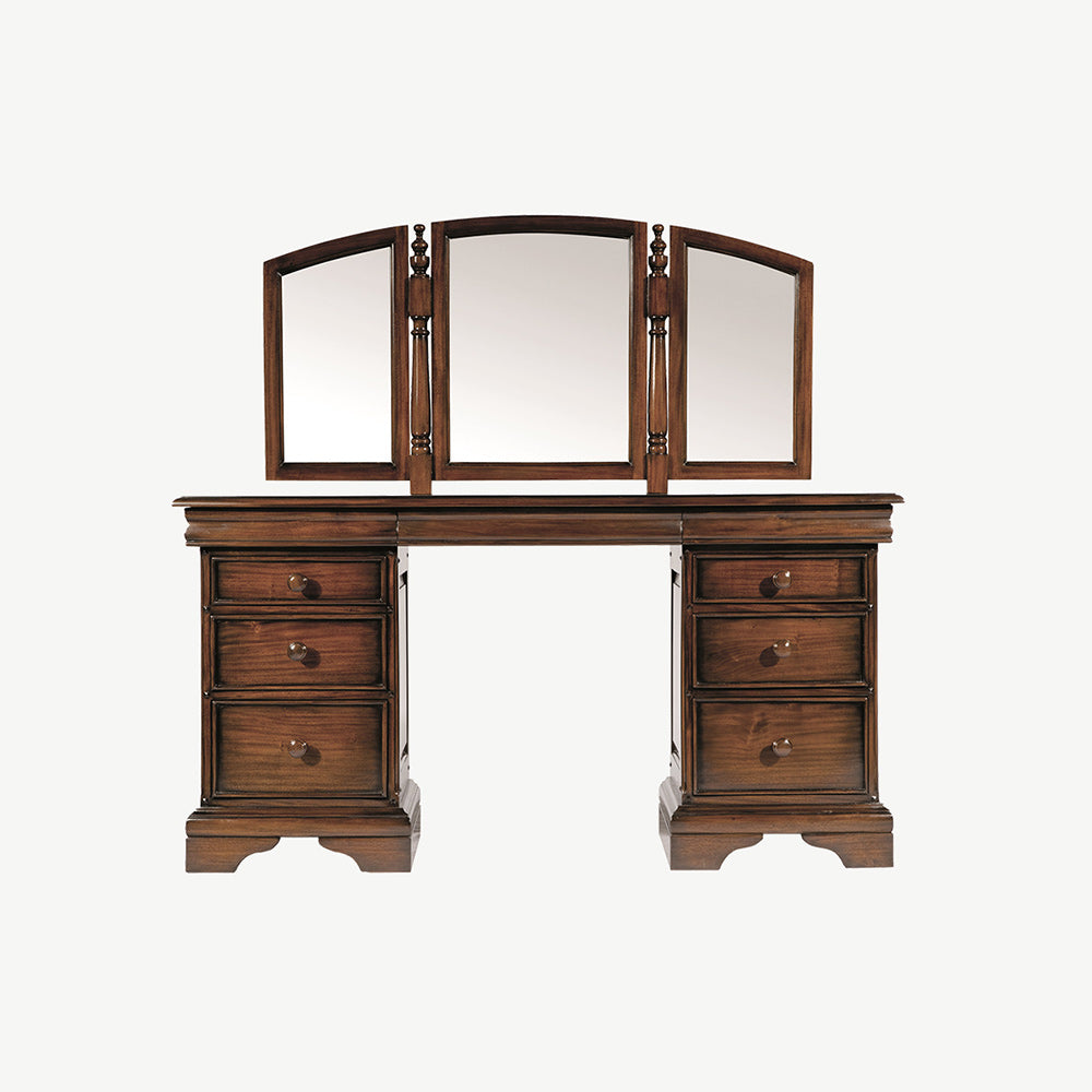 French inspired 6 drawer dressing table with three mirrors in glossy varnished dark brown finish