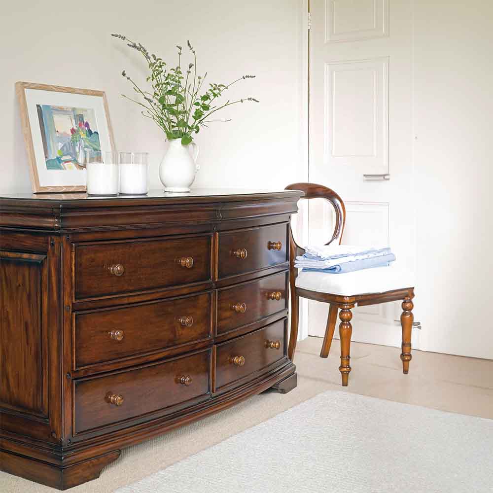 French inspired wooden 8 drawer wide chest in glossy varnished dark brown finish
