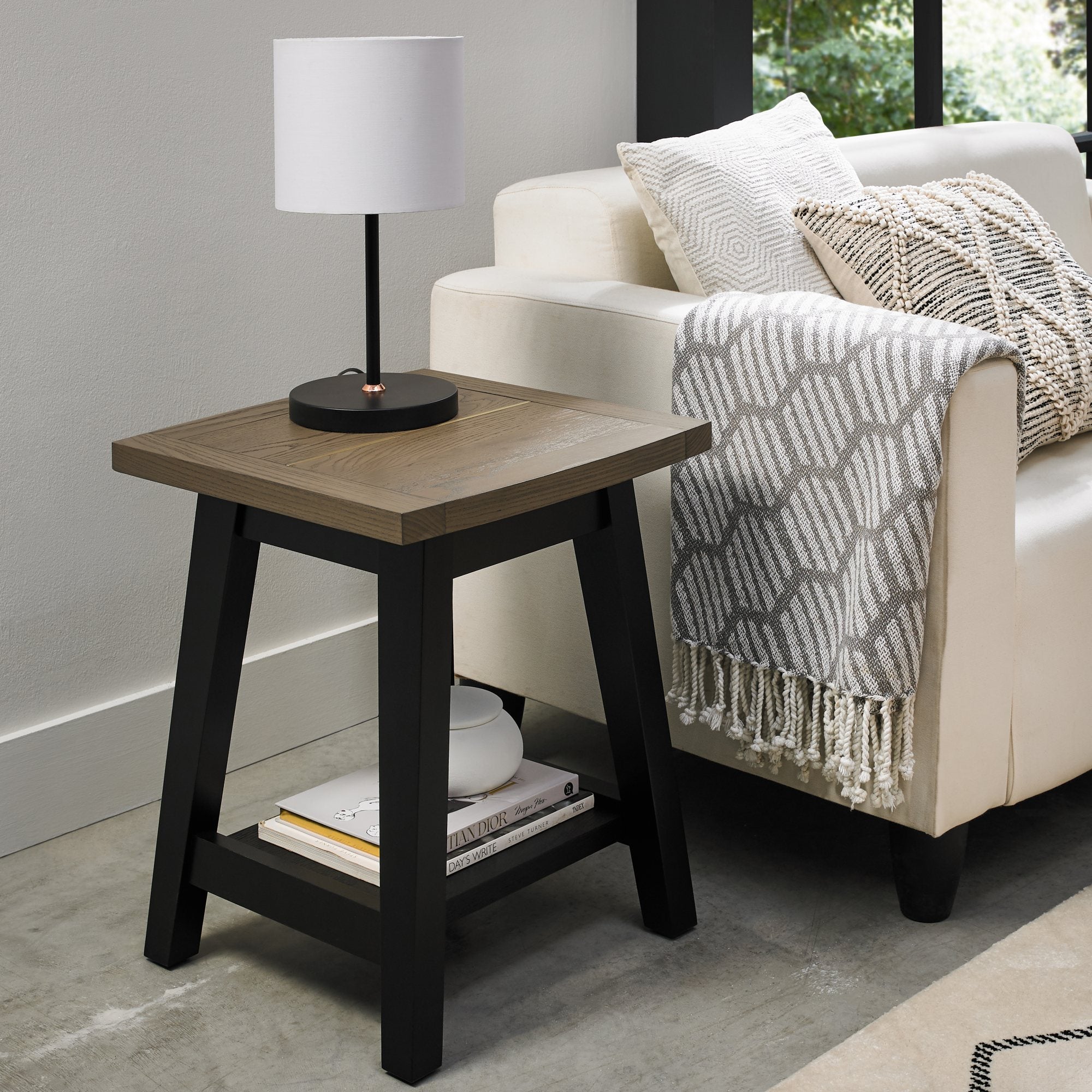 Oak veneer lamp table with black peppercorn solid ash legs