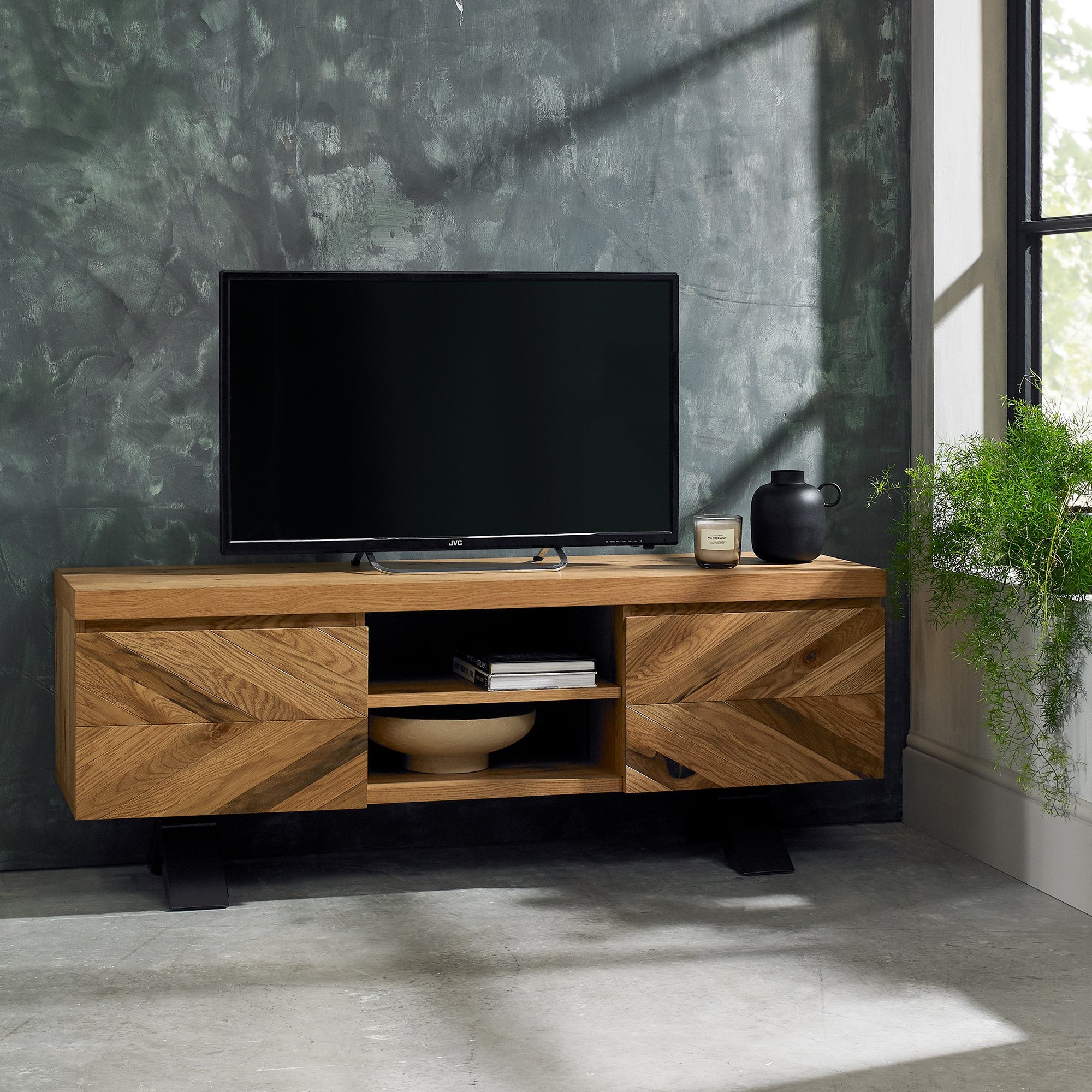Solid oak entertainment unit with rustic oak marquetry tops & black powder coated metal base