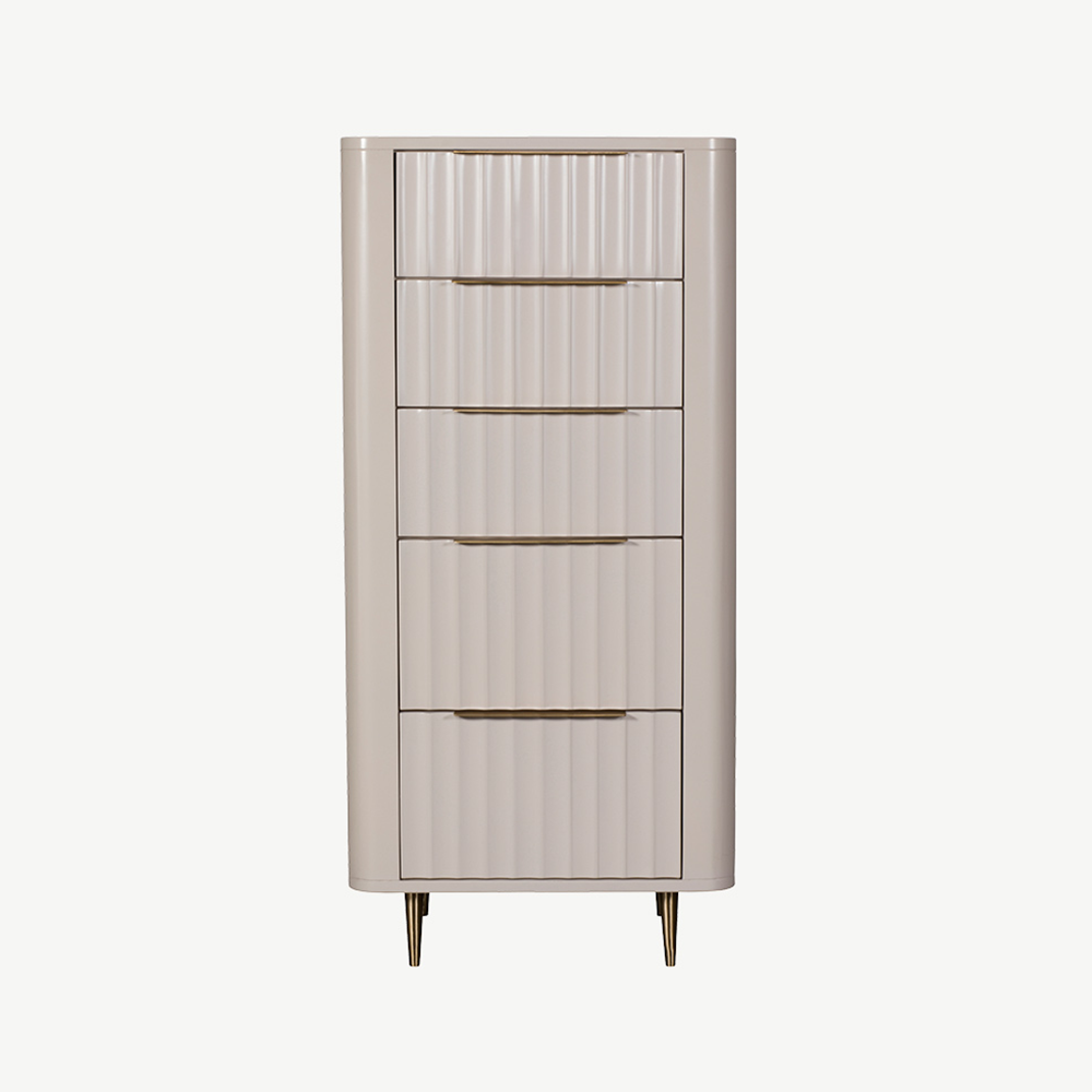 Mahogany 5 drawer chest in netural ivory finish with corrugated drawer fronts and gold accent handles