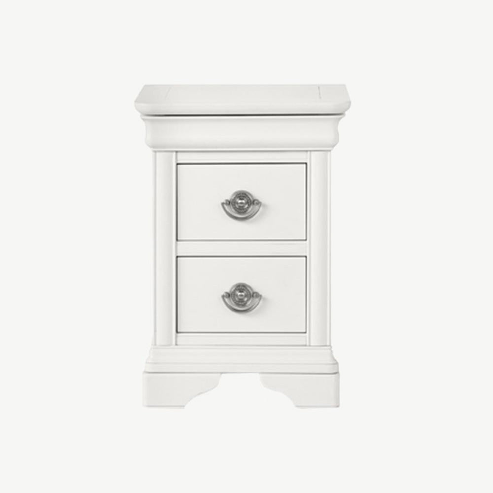 Wooden 2 drawer nightstand in painted white finish with silver handles