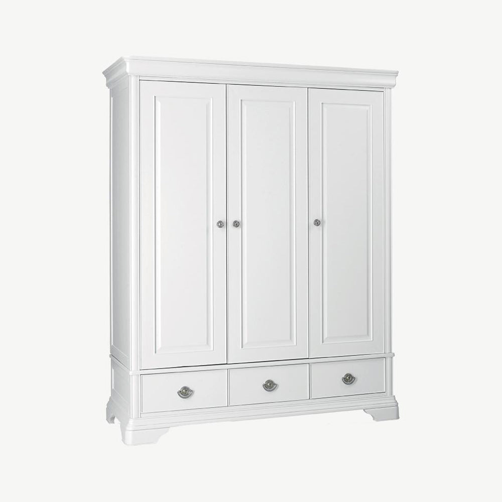 Wooden triple wardrobe in painted white finish with three accompanying bottom drawers and silver handles