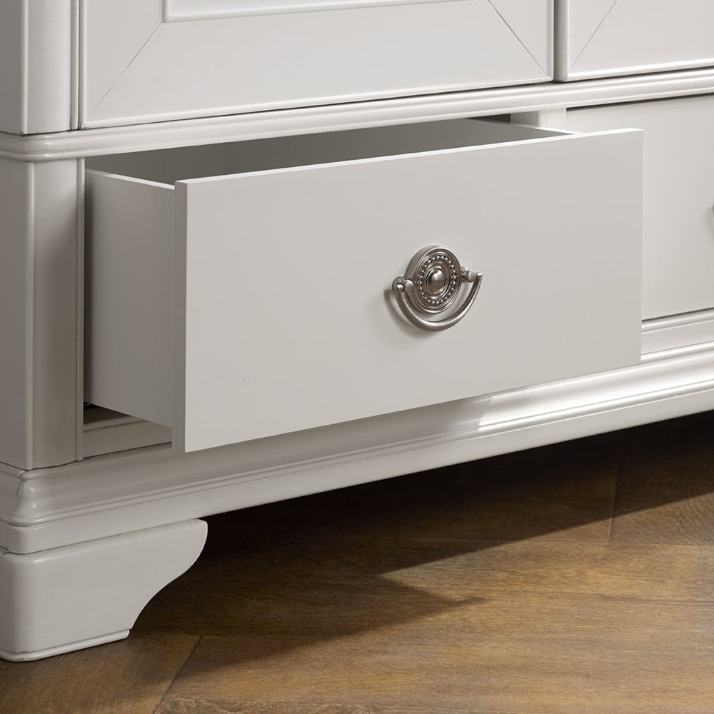 Wooden double wardrobe in painted white finish with silver handles and bottom drawer