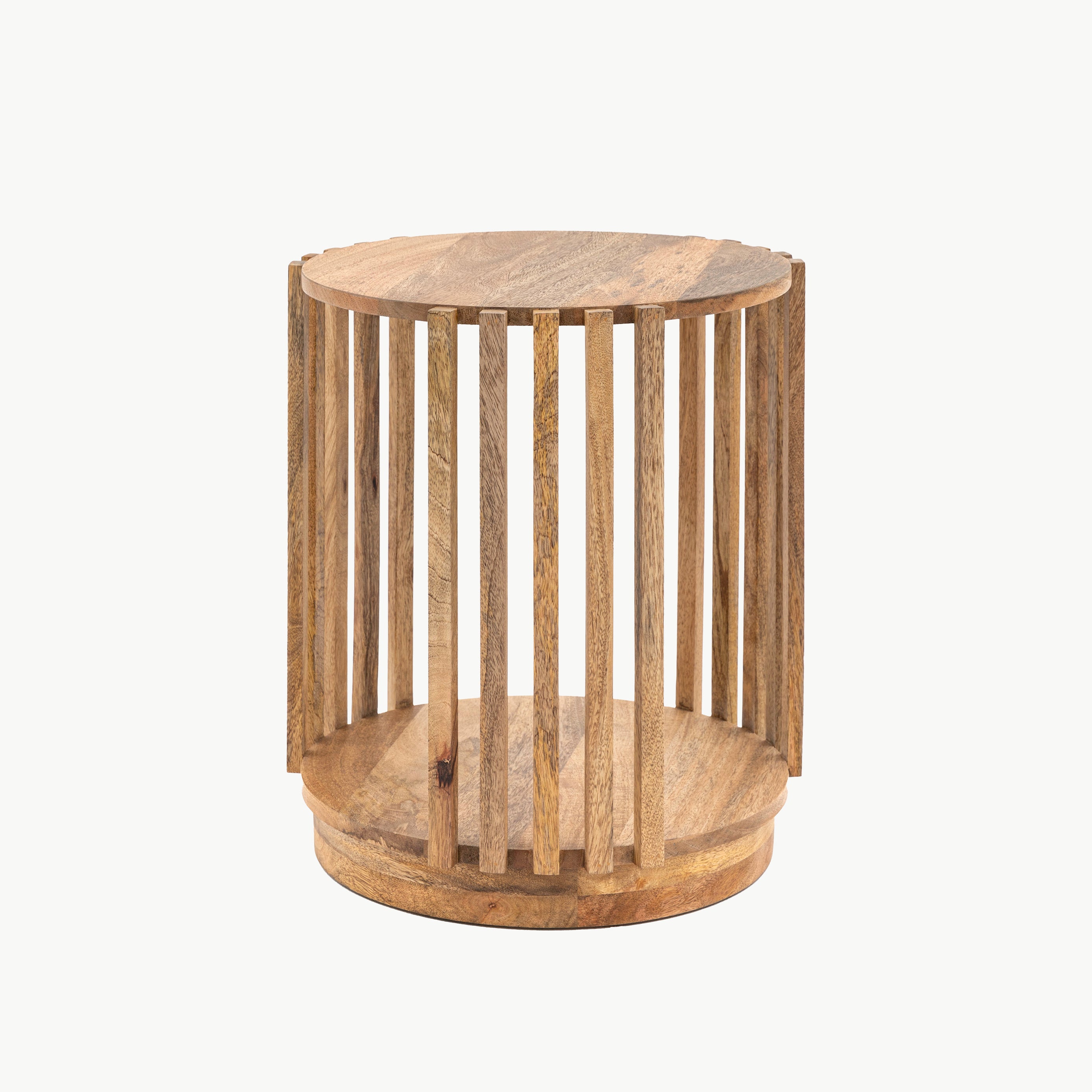 Slatted wooden side table in natural finish with lower storage shelf