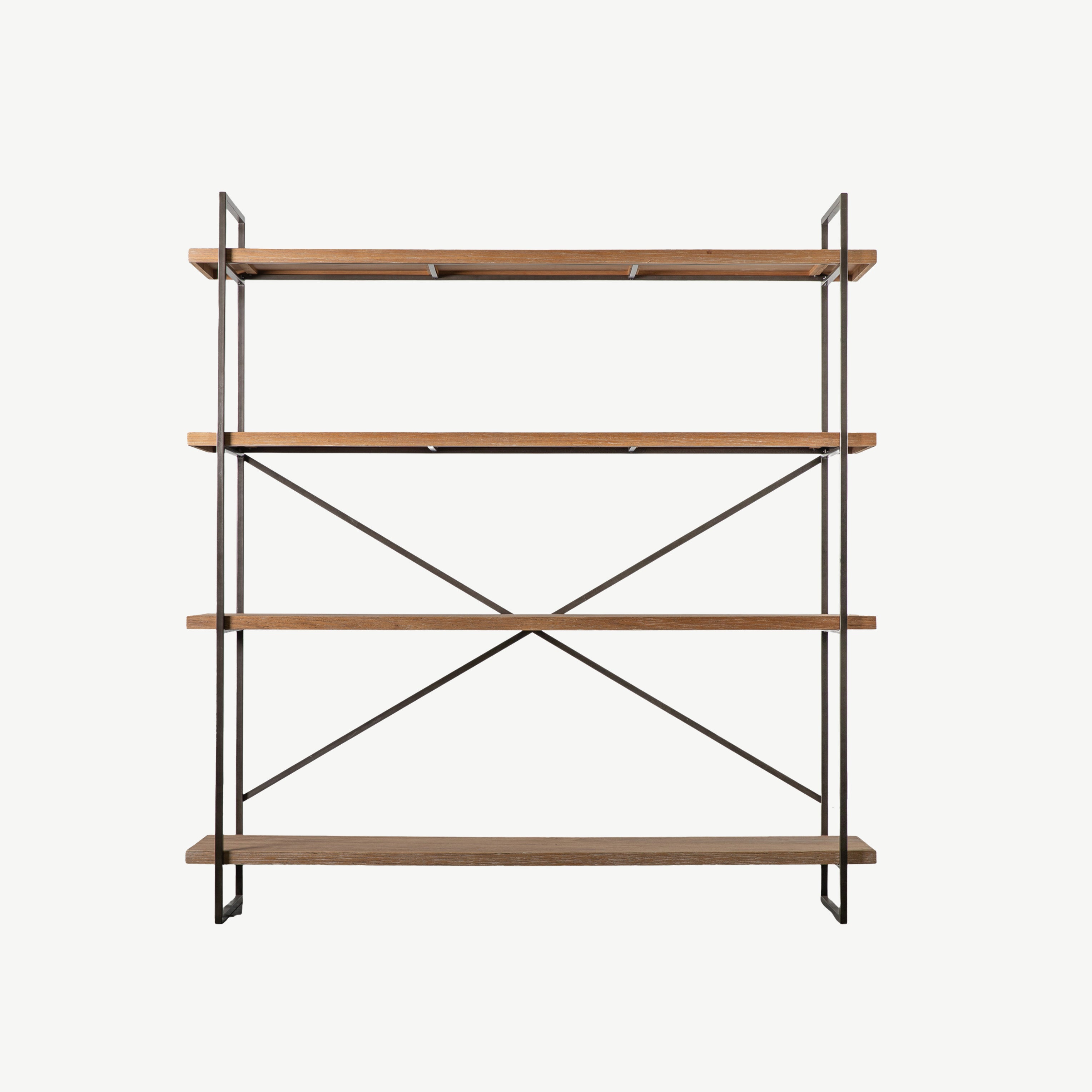 Oak veneer display unit with dark pewter finish metal frame