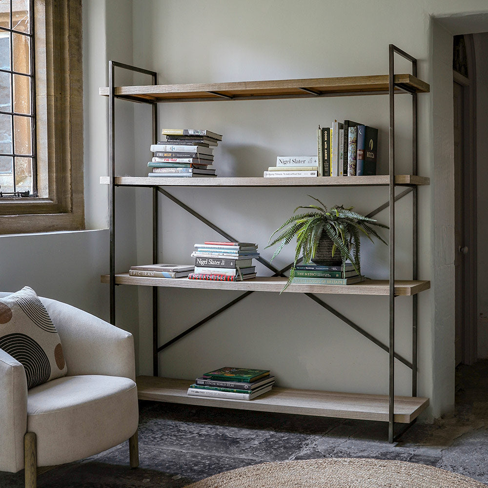 Oak veneer display unit with dark pewter finish metal frame