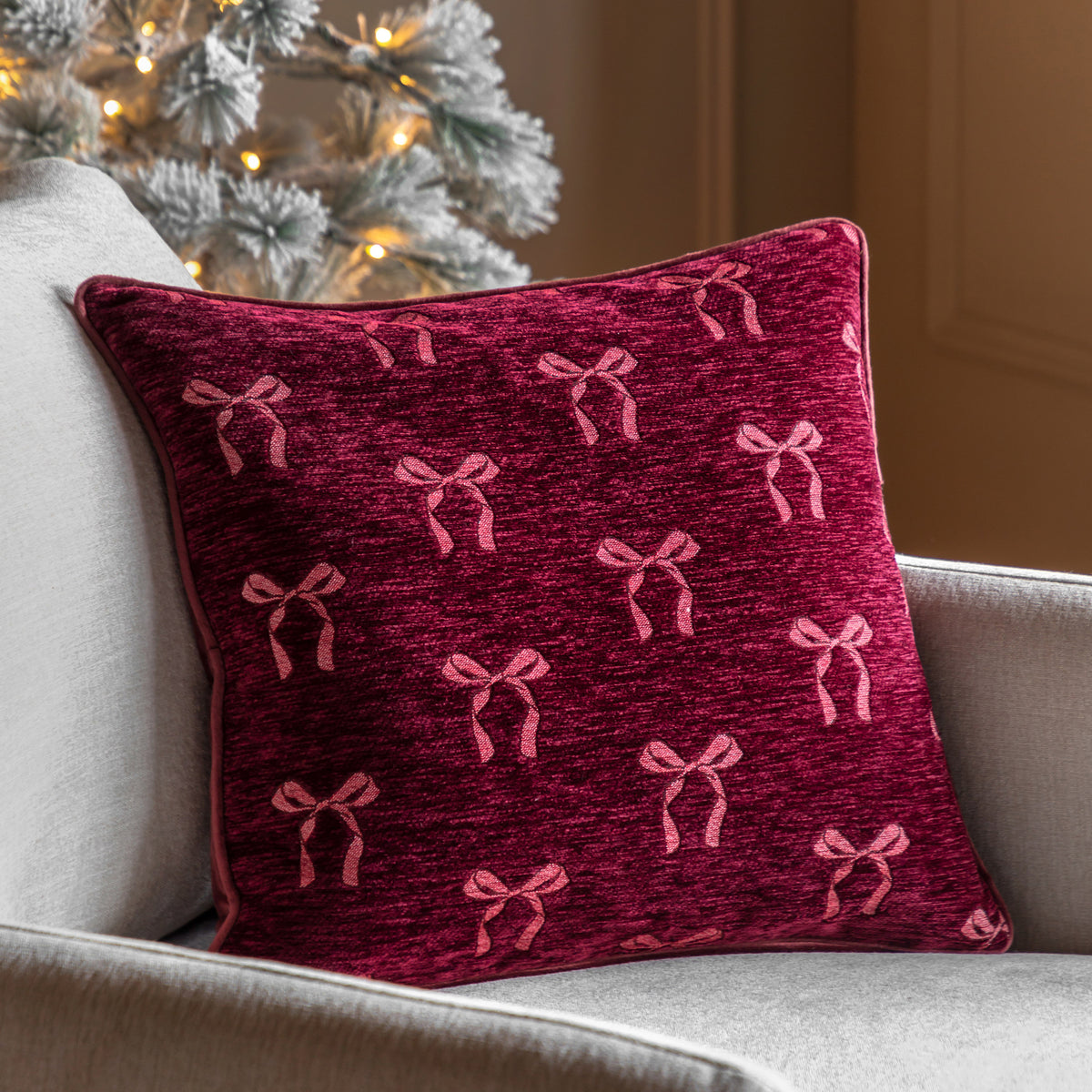 Velvet & Chenille Merlot Bow Cushion