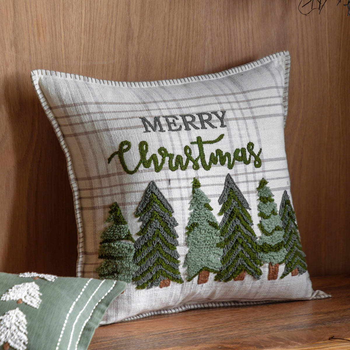 Embroidered Beige 'Merry Christmas' Cushion