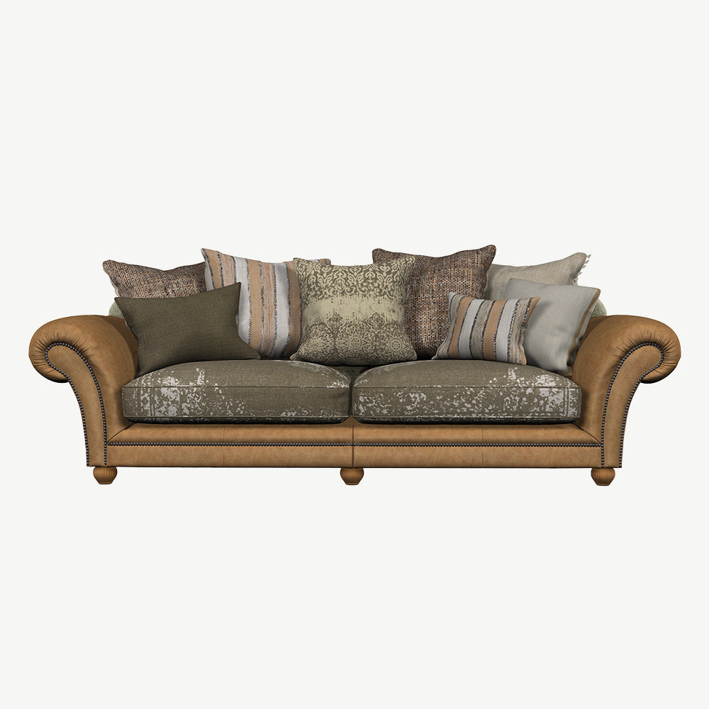 Contrasting brown and dark grey chesterfield sofa with studded upholstered fabric