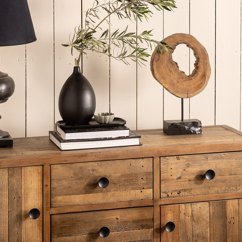Reclaimed timber wide sideboard in natural finish with black powder coated metal feet