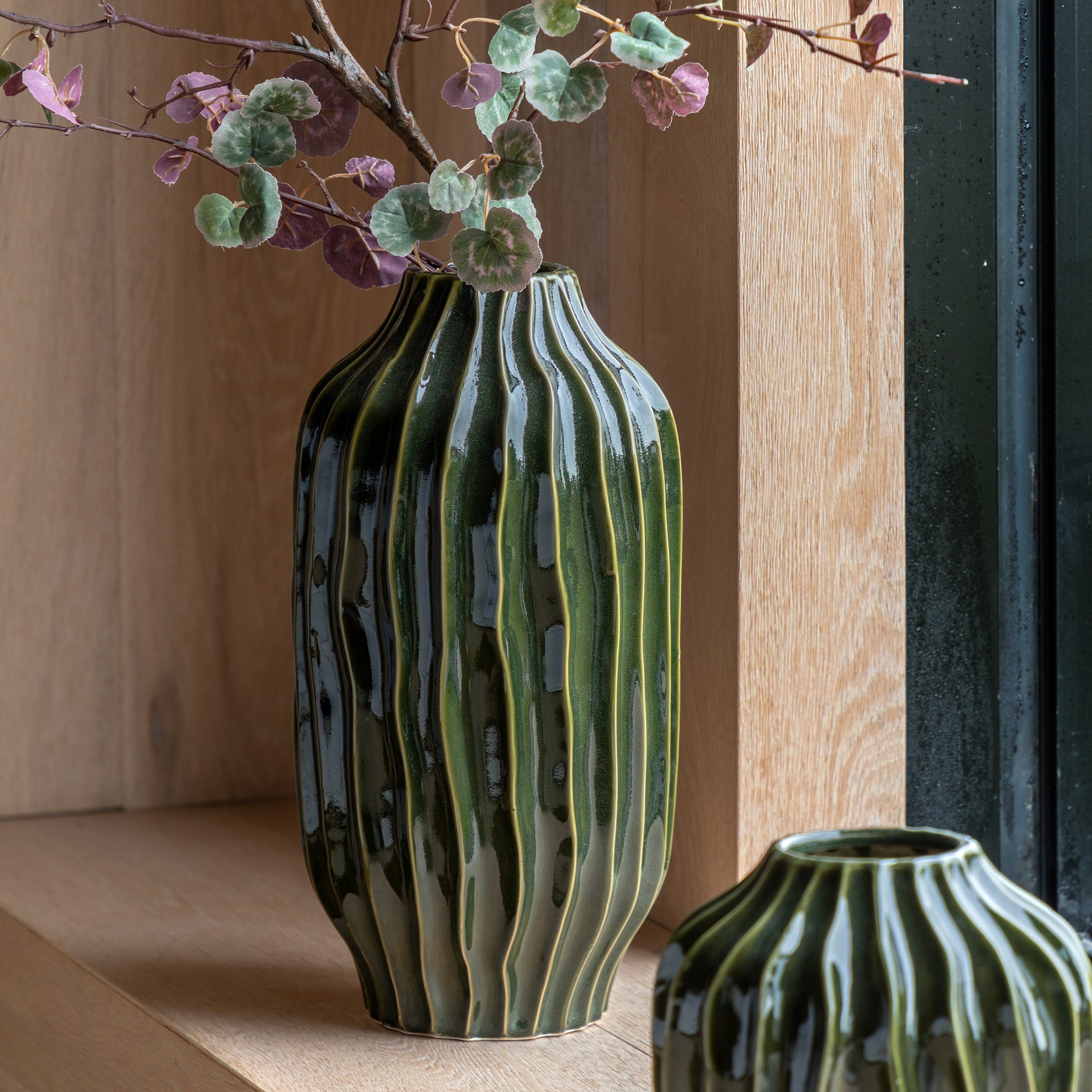 Olive Ribbed Vase