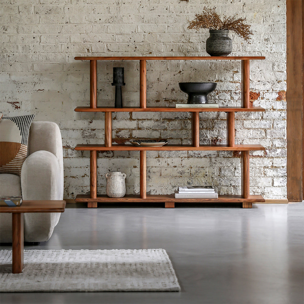 Acacia wood open display unit in natural finish with four interlocking wide shelves