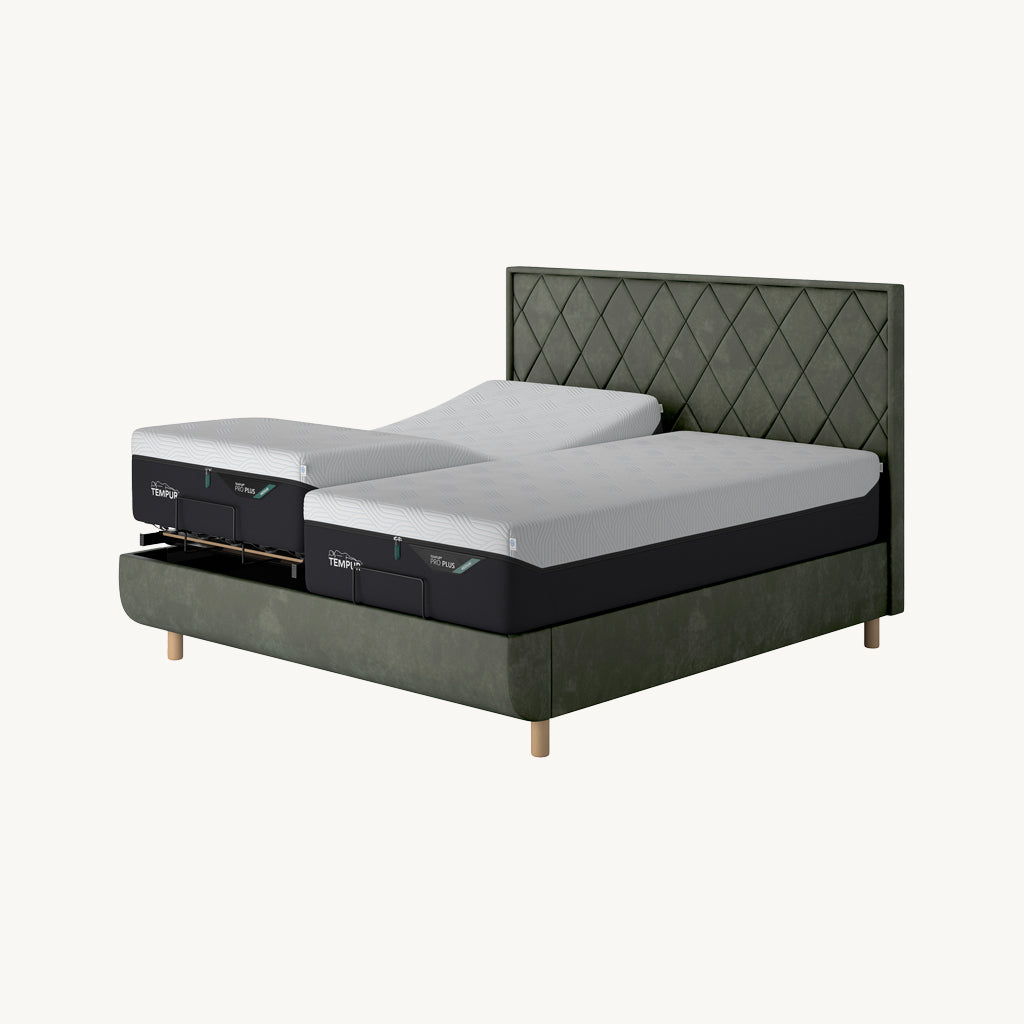 TEMPUR® Arc Adjustable Bed with Quilted Headboard in Green
