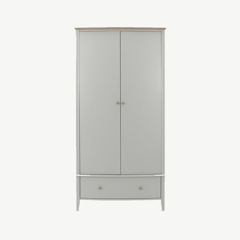 Pale oak double wardrobe in light grey finish, natural oak top, bottom drawer and turned handles
