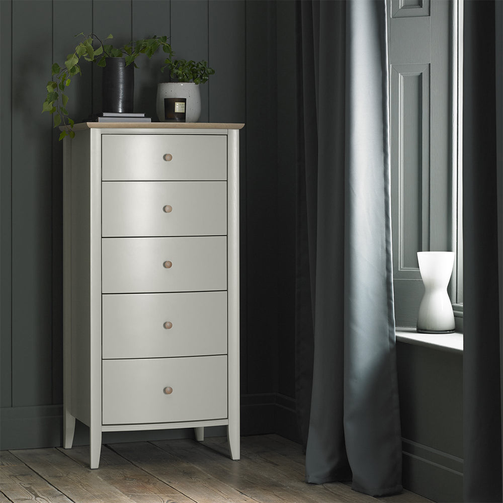 Pale oak 5 drawer tall chest in light grey finish with natural oak top and turned handles
