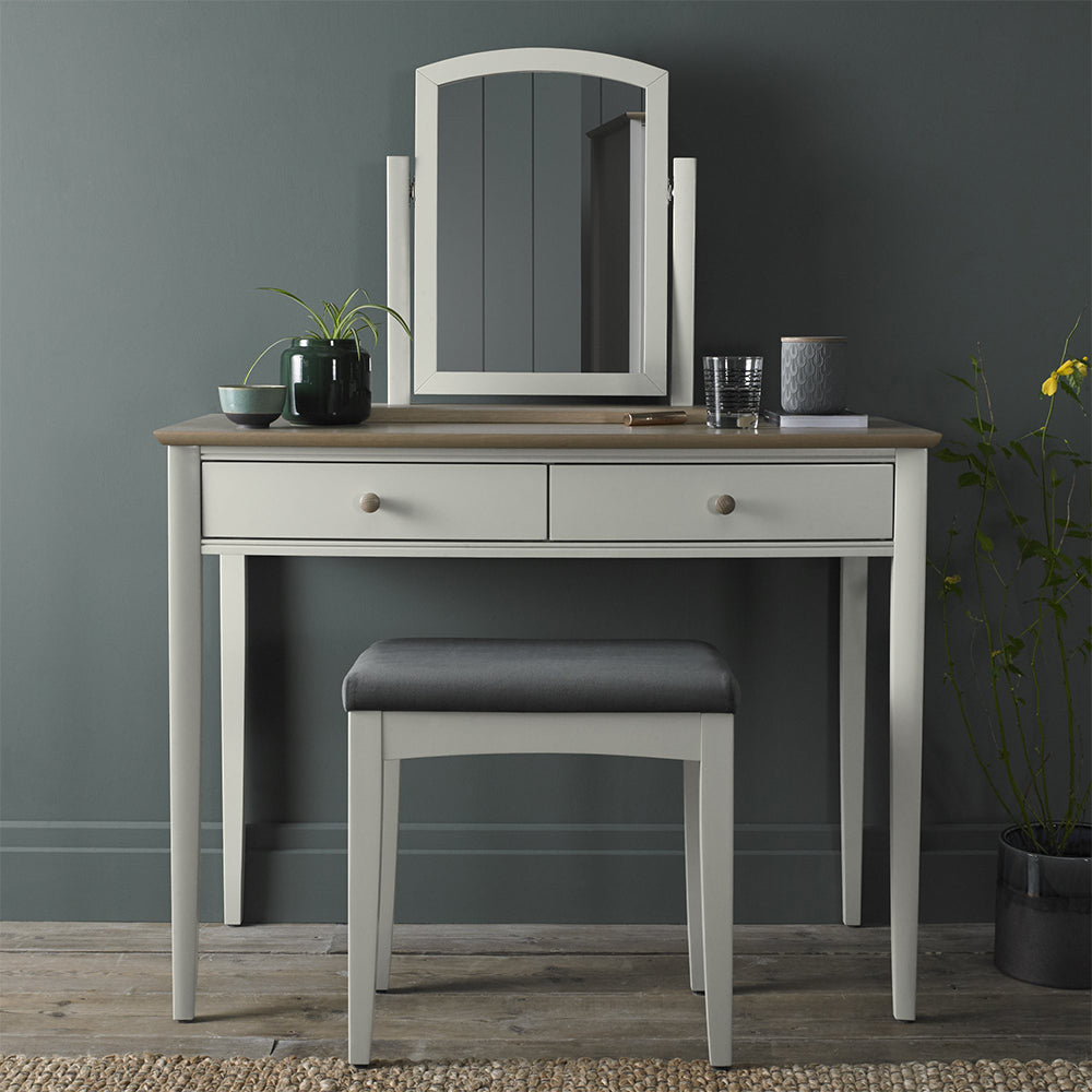Pale oak dressing table in light grey finish, natural oak top and turned handles