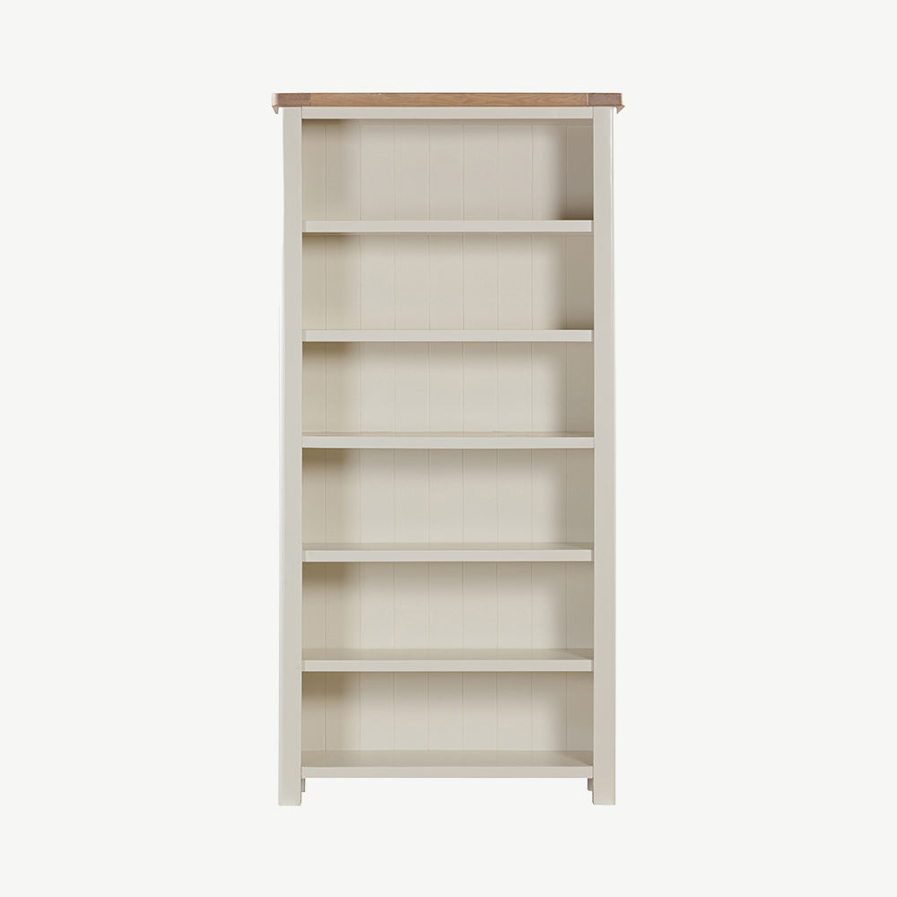 Painted off-white bookcase with natural wood top with six spacious shelves