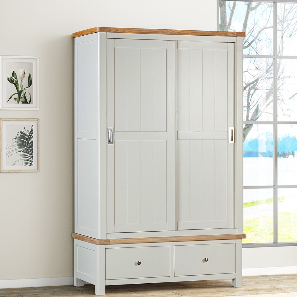 Painted off-white 2 drawer wardrobe with natural wood trim, sliding doors and 2 drawers