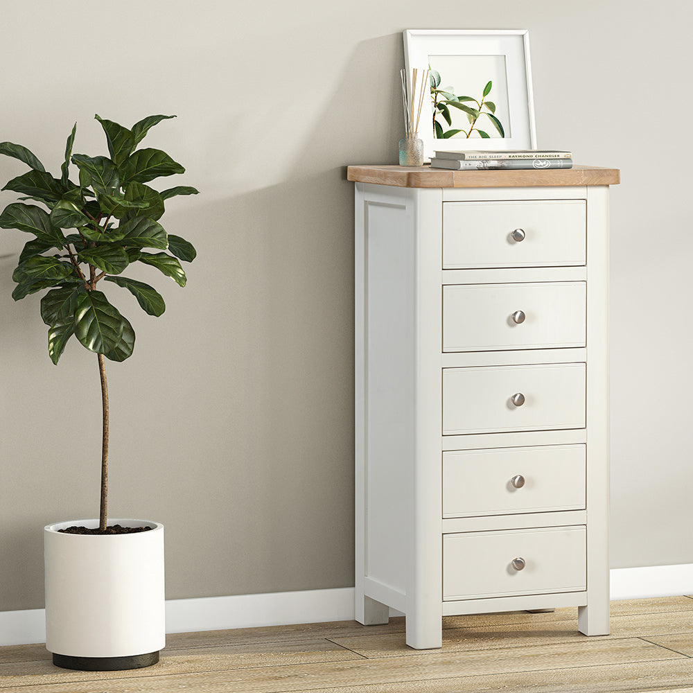 Painted off-white 5 drawer chest with natural wood top, five spacious drawers with accompanying silver drawer knobs