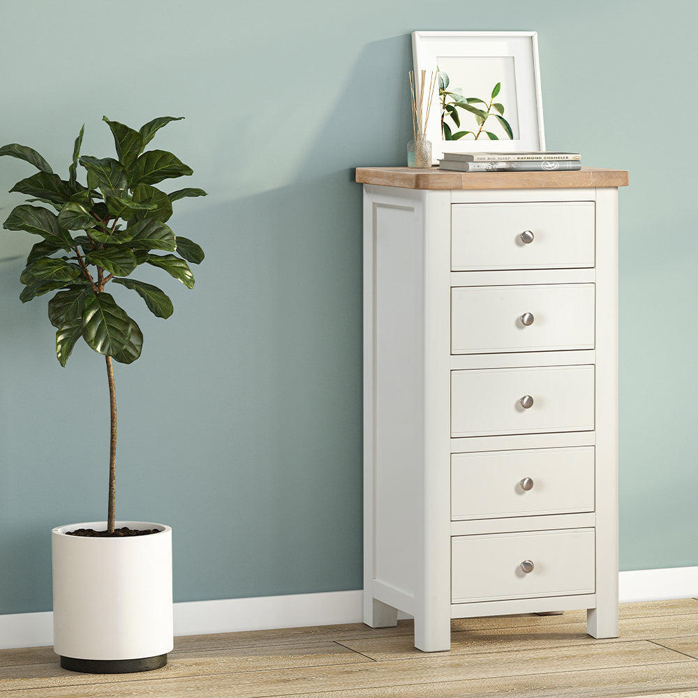 Painted off-white 5 drawer chest with natural wood top, five spacious drawers with accompanying silver drawer knobs